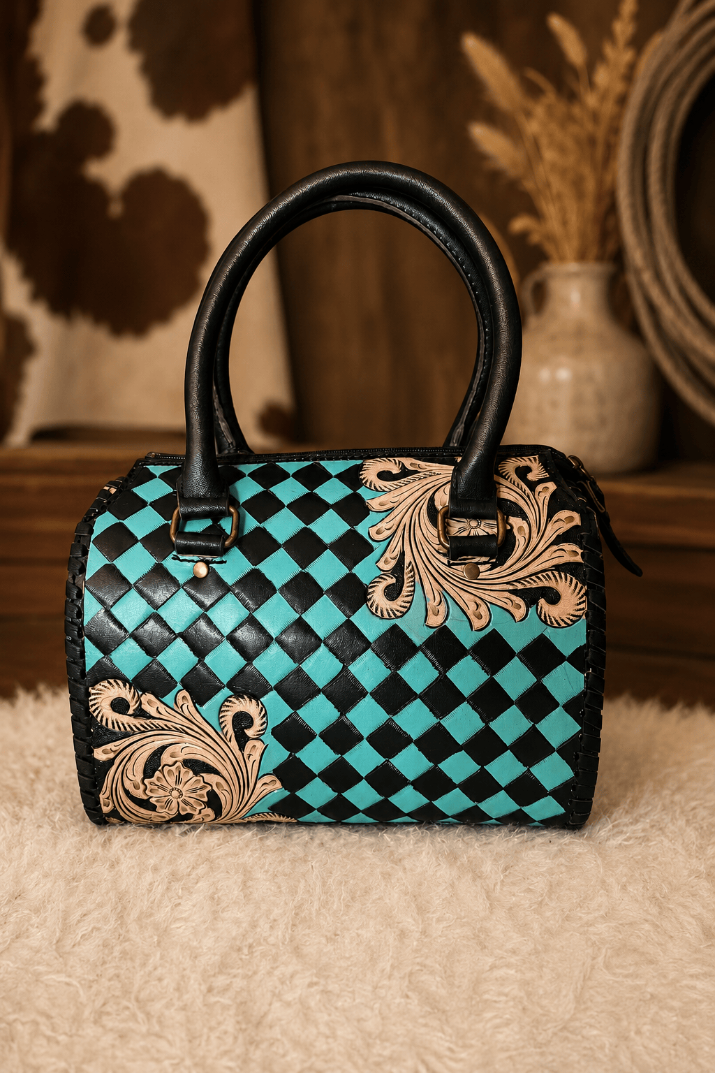 Southern Junkie Gypsy Boutique Handbag Checkered Turquoise Check Luxe Tooled Speedy