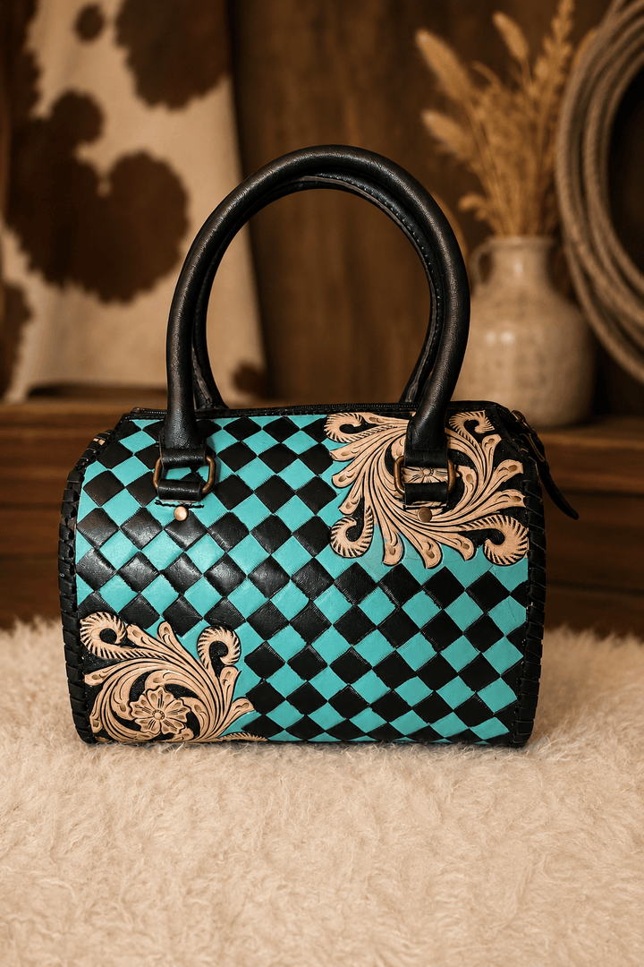 Southern Junkie Gypsy Boutique Handbag Checkered Turquoise Check Luxe Tooled Speedy