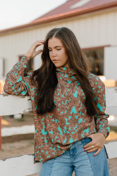 Sterling Kreek Shirt Turquoise Tooled Mock Neck Top