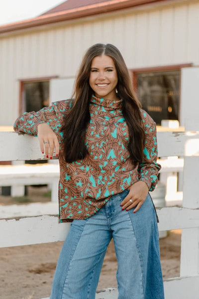 Sterling Kreek Shirt Turquoise Tooled Mock Neck Top