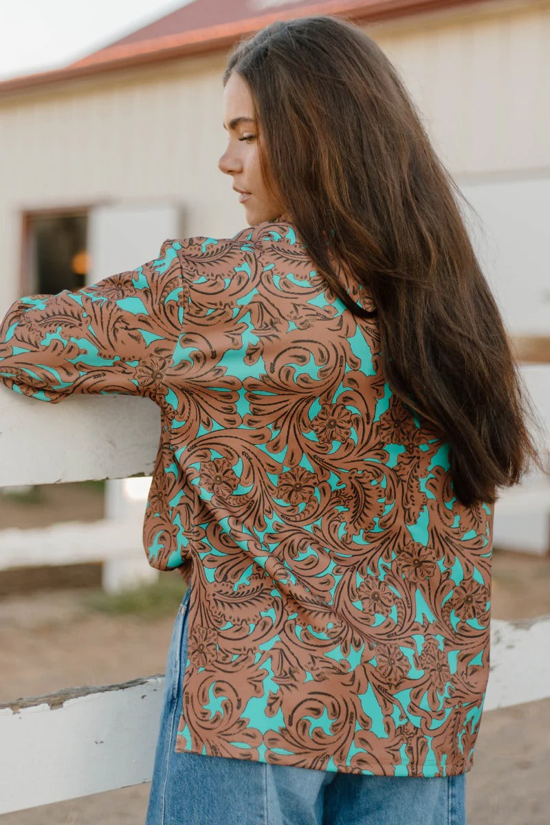 Turquoise Tooled Mock Neck Top