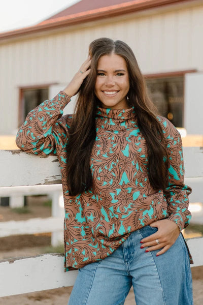 Sterling Kreek Shirt Turquoise Tooled Mock Neck Top
