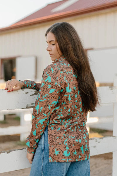 Sterling Kreek Shirt Turquoise Tooled Mock Neck Top