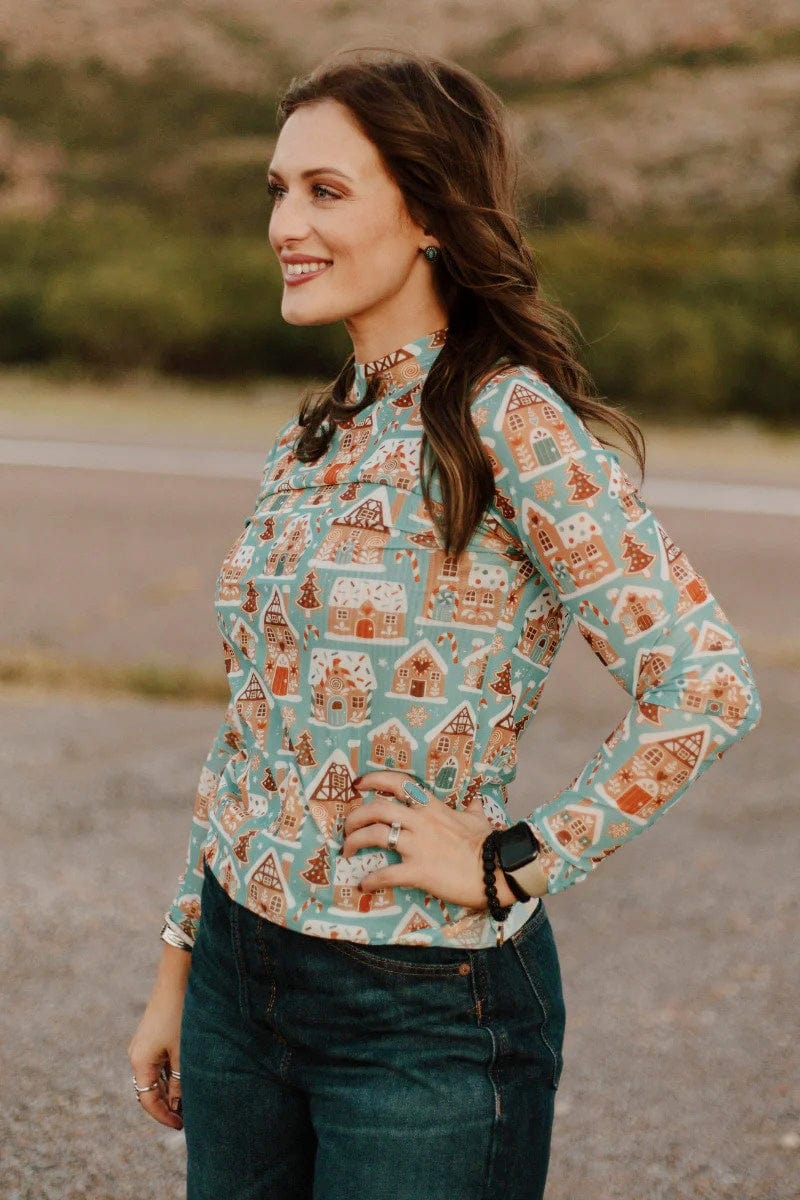 Sterling Kreek Long sleeve Mesh Top Gingerbread House Mesh Top