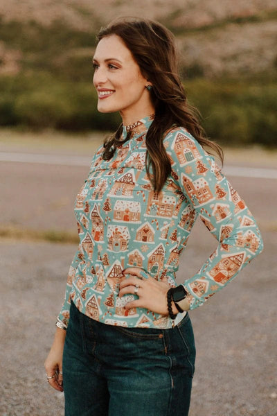 Sterling Kreek Long sleeve Mesh Top Gingerbread House Mesh Top