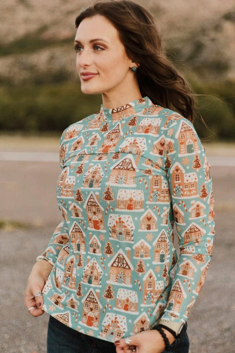 Sterling Kreek Long sleeve Mesh Top Gingerbread House Mesh Top