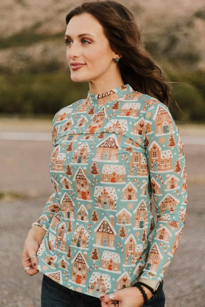 Sterling Kreek Long sleeve Mesh Top Gingerbread House Mesh Top