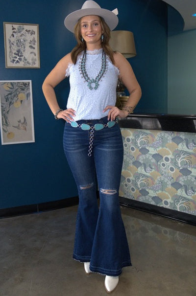 Jeans  Plus Size Mid Wash High Waist Flare Jeans w/Knee Rips from L&B Apparel