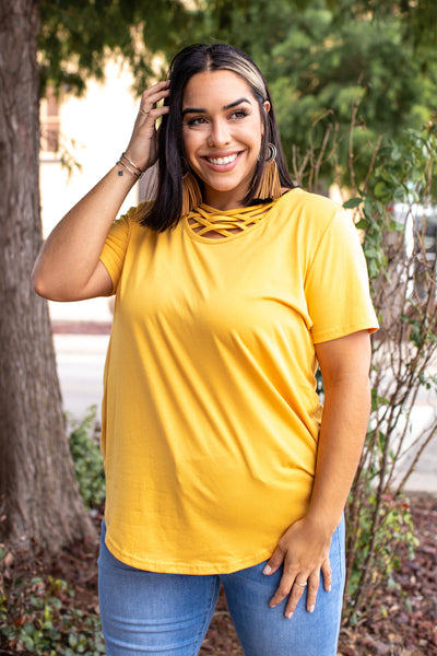 short sleeve top  Essential Caged Neckline Mustard Top from L&B Apparel