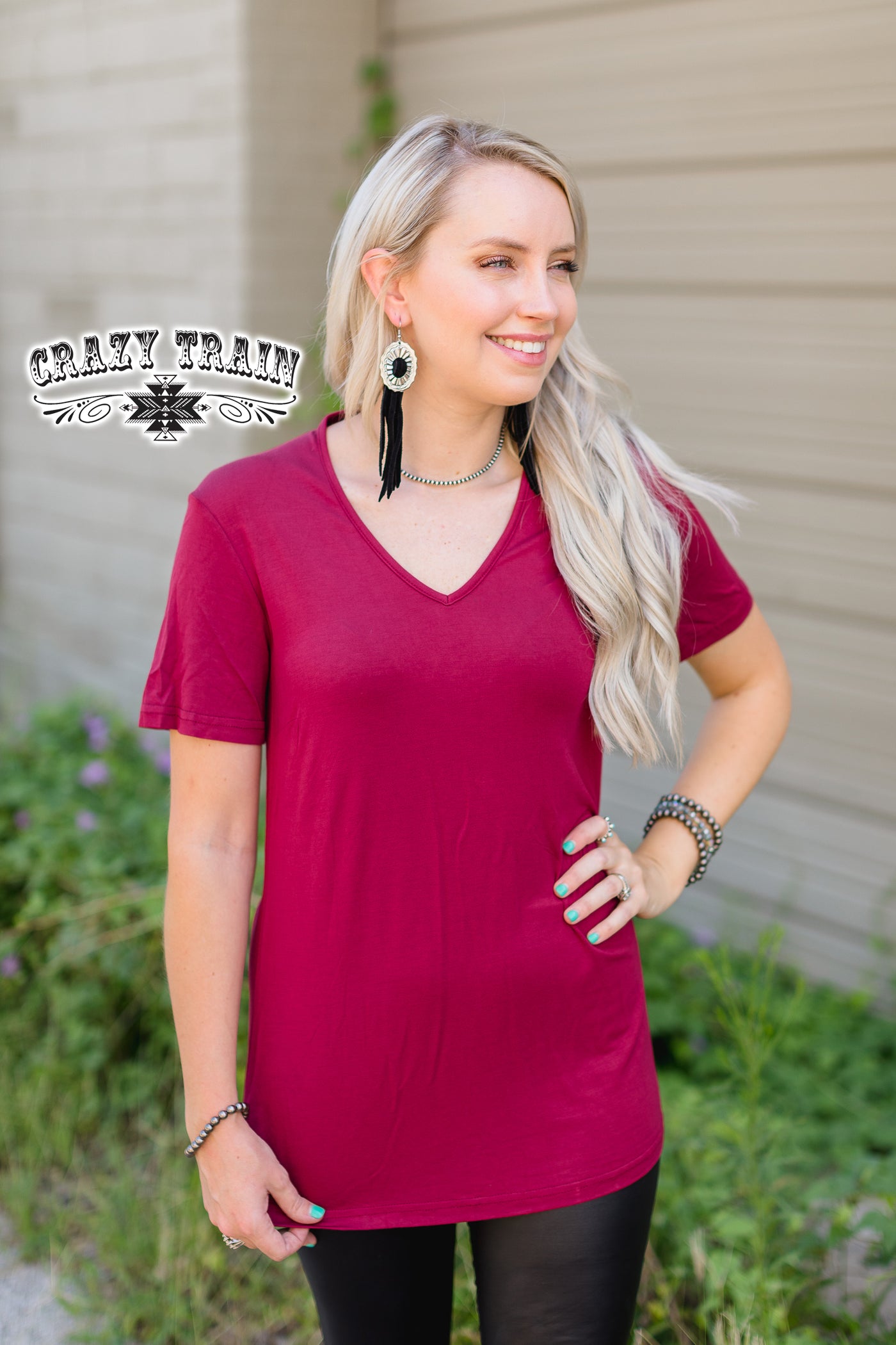 short sleeve top  Forever Fave Basic Maroon Top from Crazy Train Apparel