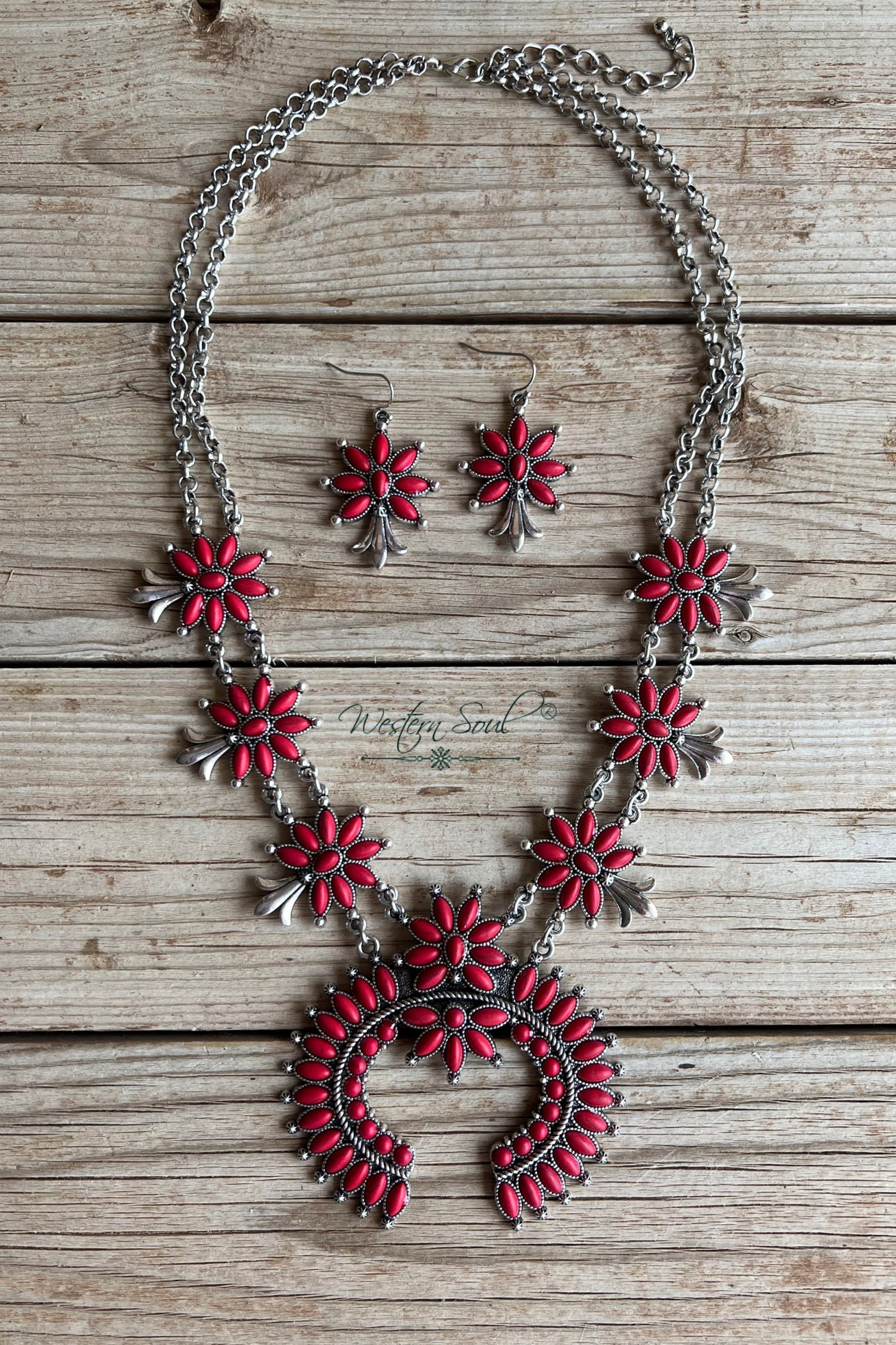 Western Necklace  Rojo Canyon Squash Blossom Necklace Set from Blue Tortoise