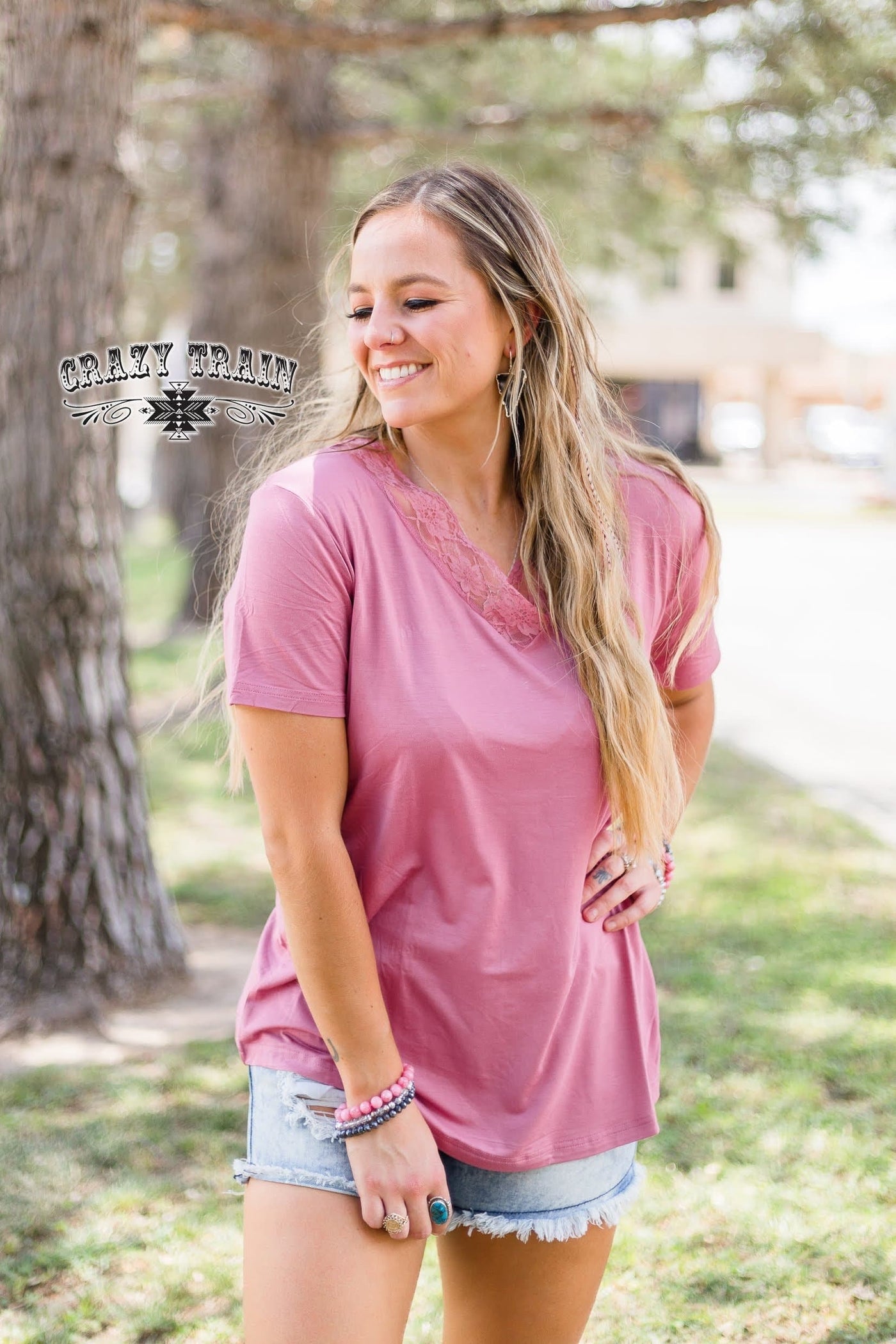 short sleeve top  My Fave V Neck Mauve from Crazy Train Apparel