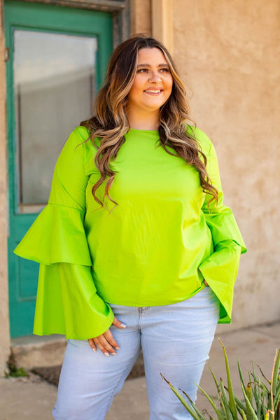 Long sleeve Top  Double Take Lime Bell Sleeve Top from L&B Apparel