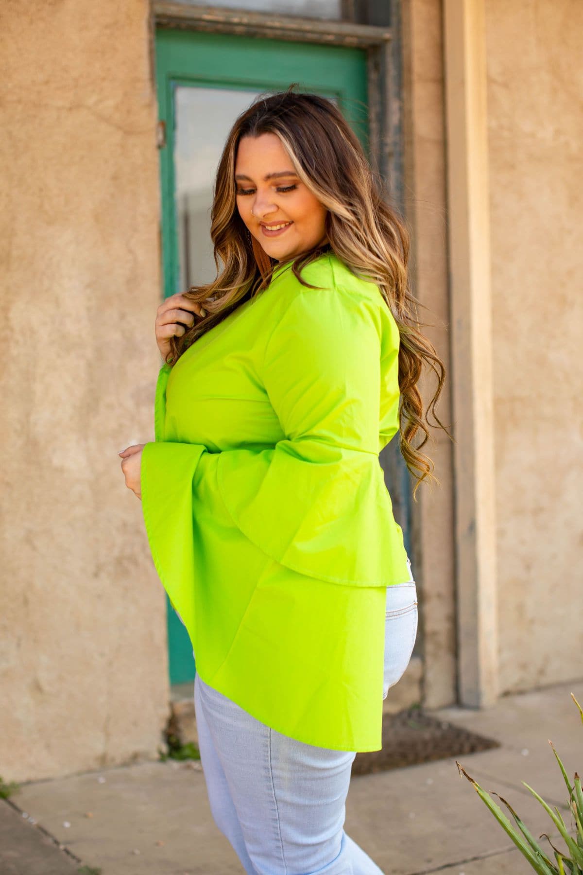 Long sleeve Top  Double Take Lime Bell Sleeve Top from L&B Apparel