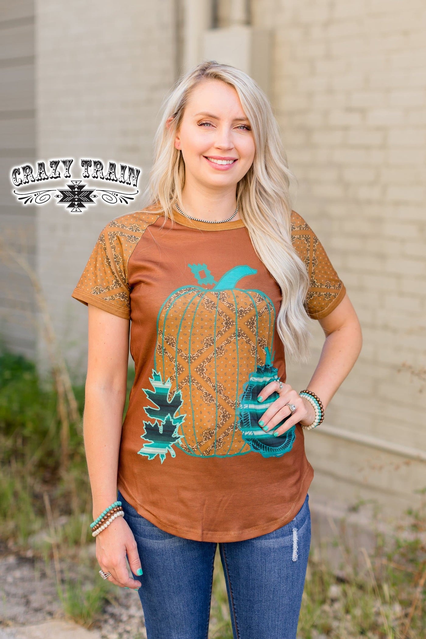 short sleeve top  Crazy Train Patch Perfect 21 Pumpkin Shirt from Crazy Train Clothing