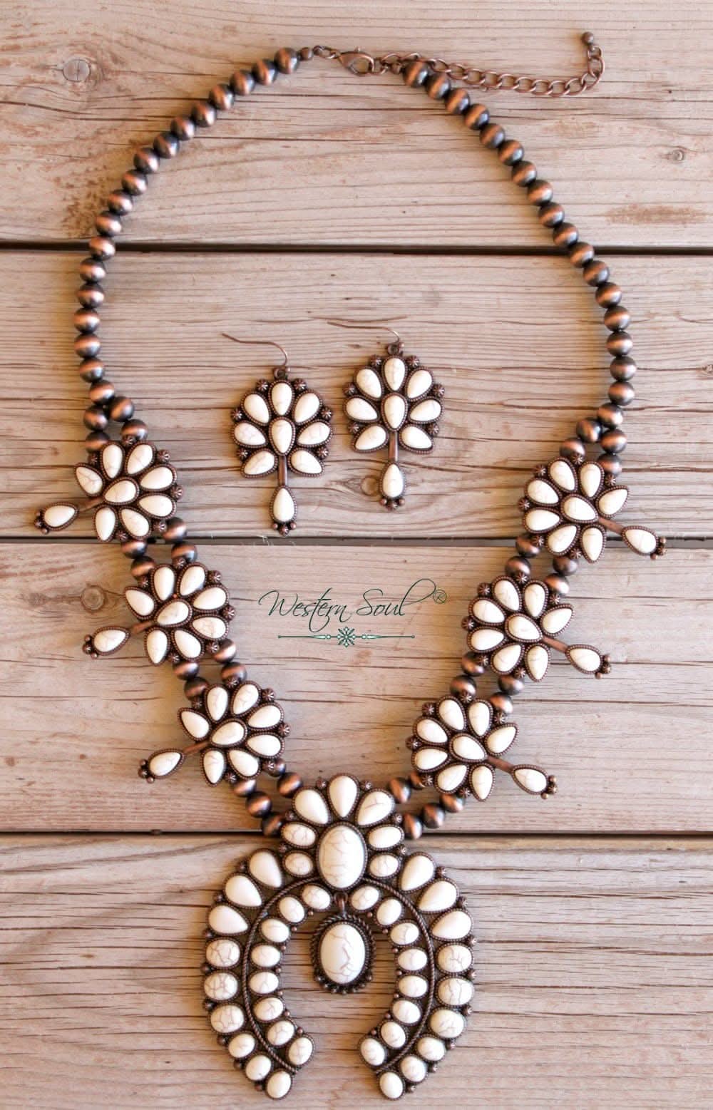 Western Necklace  Pale Sky Squash Blossom Necklace from Accessory House