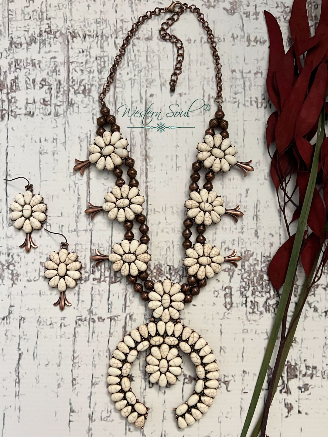 Rosemarie & Jubalee Squash Blossom Necklace Set – Howlite Stone, Western Chic, 24-27 Inch With Earrings - View #2
