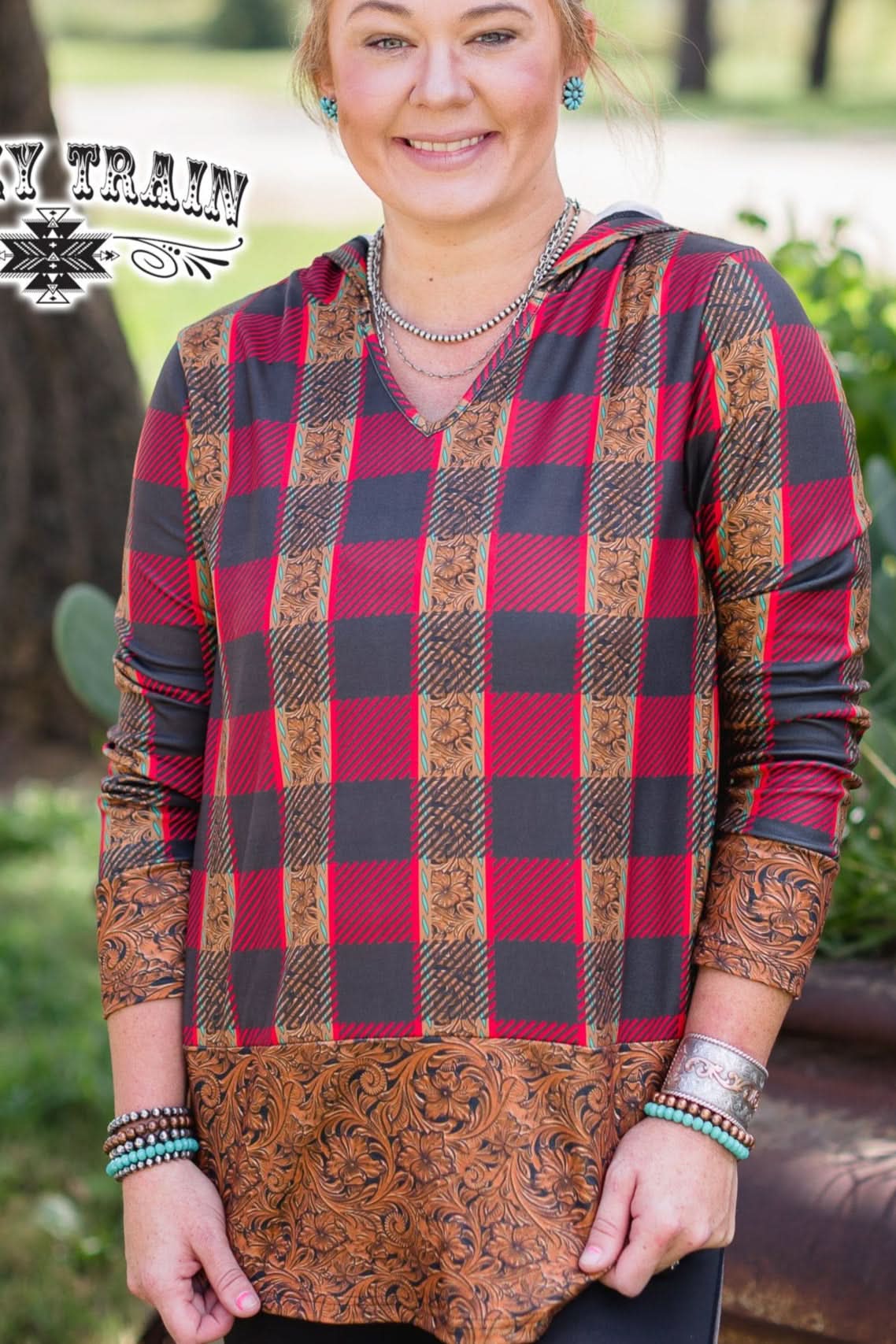 Crazy Train Clothing Hoodie XS / Tooled/Plaid Cowtown Christmas Hoodie