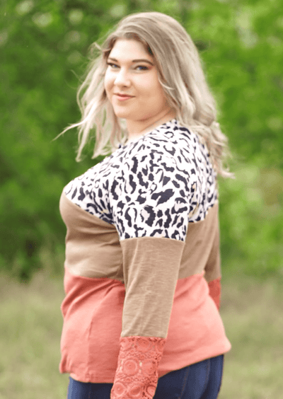 Kentce Fashion Long sleeve Top Leopard Color Block Top