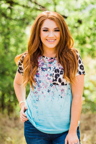 Kentce Fashion short sleeve top Small / Leopard/Sky Blue Western Wildflowers Top