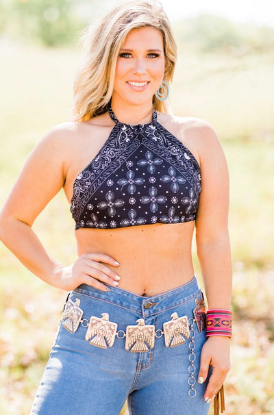L&B Apparel Crop Top Small / Black Wild West Black Bandana Crop Top