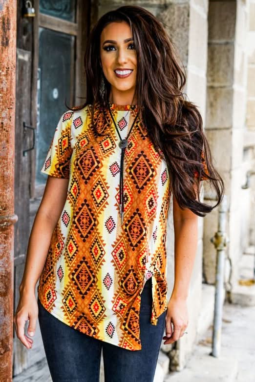 L&B Apparel short sleeve top Medium / Pumpkin/ Mustard/Brown Hello Autumn Aztec Print Top