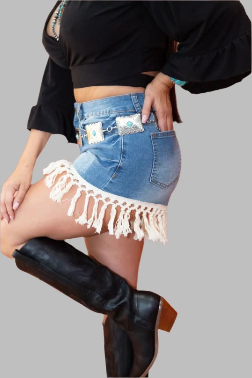 L&B Apparel Shorts 4 / Blue Crochet Tassel Trim Shorts