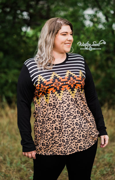 Southern Stitch Long sleeve Top Small / Black/Leopard Leopard and Stripes Top